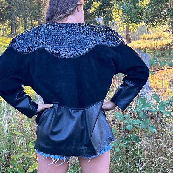 Vintage Glam Rock Oversized Sequin Suede Leather Black Rocker Chic Jacket SZ S - Picture 3 of 16